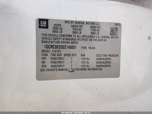 Aukcja sprzedaży 2013 Chevrolet Silverado 1500 Lt, vin: 1GCRCSE03DZ149801, numer aukcji: 45063468
