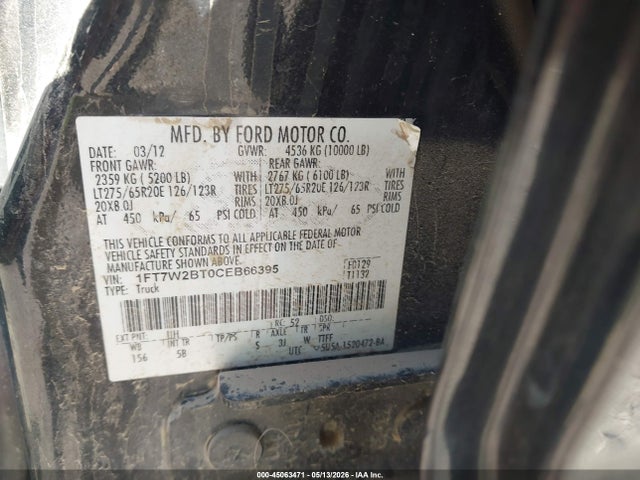 45063471 :رقم المزاد ، 1FT7W2BT0CEB66395 vin ، 2012 Ford F-250 Lariat مزاد بيع