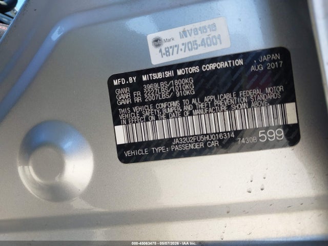 45063475 :رقم المزاد ، JA32U2FU5HU016314 vin ، 2017 Mitsubishi Lancer Le مزاد بيع