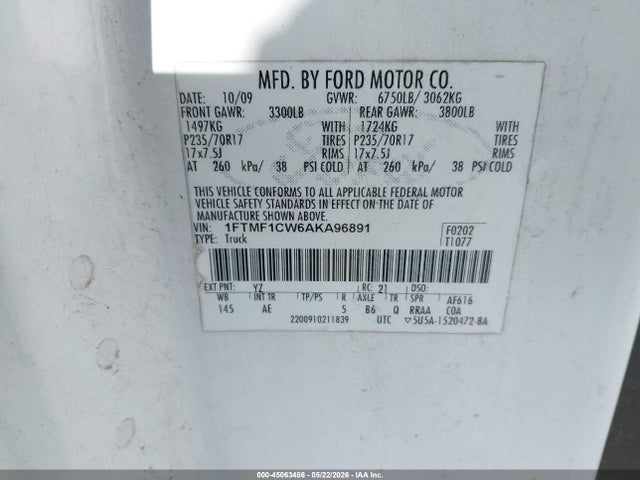 45063486 :رقم المزاد ، 1FTMF1CW6AKA96891 vin ، 2010 Ford F-150 Stx/xl/xlt مزاد بيع