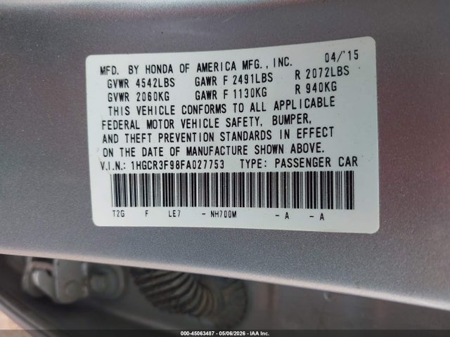 Продажа на аукционе авто 2015 Honda Accord Touring, vin: 1HGCR3F98FA027753, номер лота: 45063487