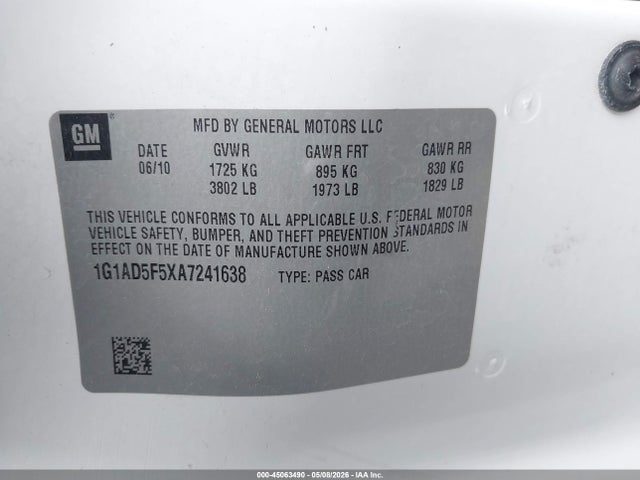2010 Chevrolet Cobalt Lt მანქანა იყიდება აუქციონზე, vin: 1G1AD5F5XA7241638, აუქციონის ნომერი: 45063490