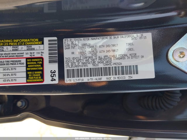 2025 Toyota Tacoma Sr5 მანქანა იყიდება აუქციონზე, vin: 3TMLB5JN8SM187891, აუქციონის ნომერი: 45063505