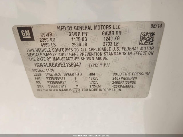Aukcja sprzedaży 2014 Chevrolet Equinox Ls, vin: 1GNALAEK8EZ136947, numer aukcji: 45063506