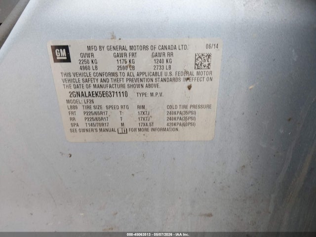45063513 :رقم المزاد ، 2GNALAEK5E6371110 vin ، 2014 Chevrolet Equinox Ls مزاد بيع