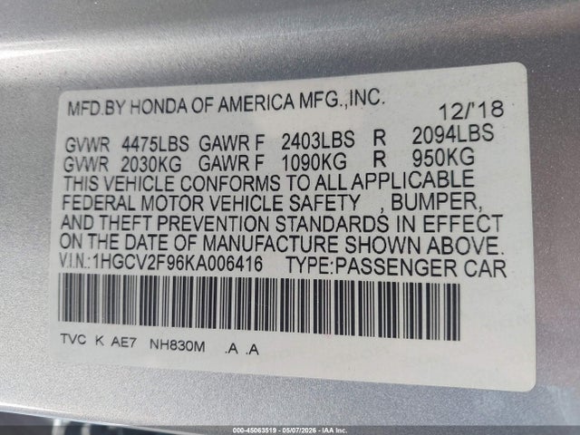 45063519 :رقم المزاد ، 1HGCV2F96KA006416 vin ، 2019 Honda Accord Touring 2.0t مزاد بيع