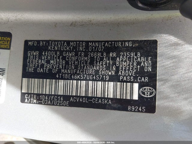 Aukcja sprzedaży 2007 Toyota Camry Se, vin: 4T1BE46K57U645719, numer aukcji: 45063525