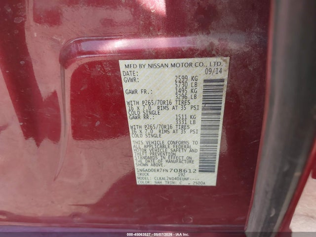 2015 Nissan Frontier Sv მანქანა იყიდება აუქციონზე, vin: 1N6AD0ER7FN708612, აუქციონის ნომერი: 45063527