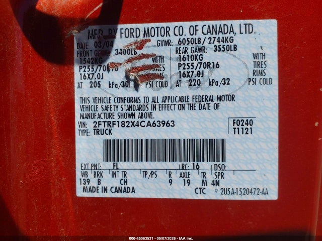 45063531 :رقم المزاد ، 2FTRF182X4CA63963 vin ، 2004 Ford F-150 Heritage Xl/xlt مزاد بيع