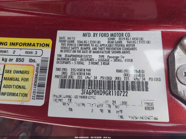 Aukcja sprzedaży 2016 Ford Fusion Se, vin: 3FA6P0HD9GR110722, numer aukcji: 45063540