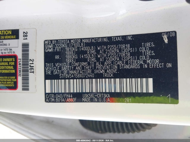 Aukcja sprzedaży 2008 Toyota Tundra Base 5.7l V8, vin: 5TFBV54158X072440, numer aukcji: 45063542