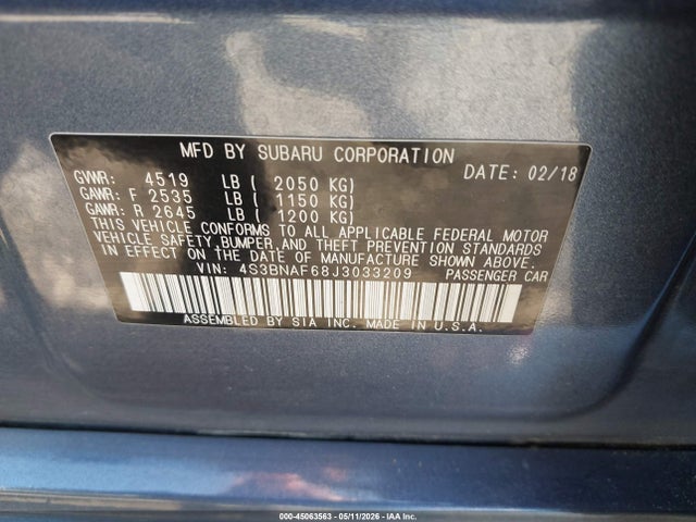 Aukcja sprzedaży 2018 Subaru Legacy 2.5i Premium, vin: 4S3BNAF68J3033209, numer aukcji: 45063563