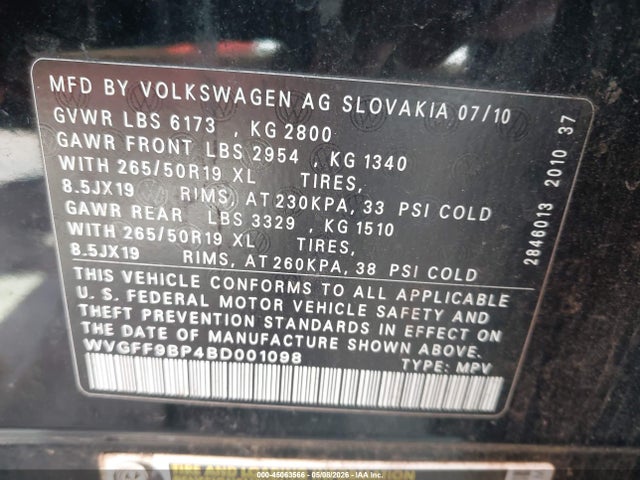 45063566 :رقم المزاد ، WVGFF9BP4BD001098 vin ، 2011 Volkswagen Touareg Vr6 Lux مزاد بيع