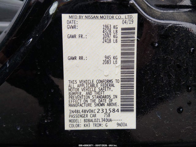 Aukcja sprzedaży 2019 Nissan Altima 2.5 S, vin: 1N4BL4BV0KC231584, numer aukcji: 45063571