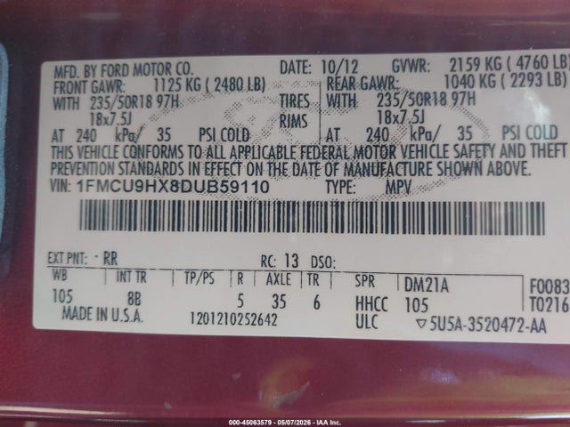 2013 Ford Escape Sel მანქანა იყიდება აუქციონზე, vin: 1FMCU9HX8DUB59110, აუქციონის ნომერი: 45063579