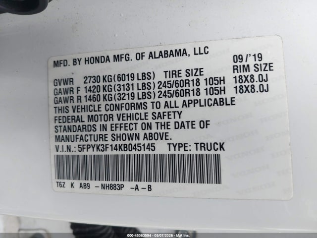 Продаж на аукціоні авто 2019 Honda Ridgeline Sport, vin: 5FPYK3F14KB045145, номер лоту: 45063594