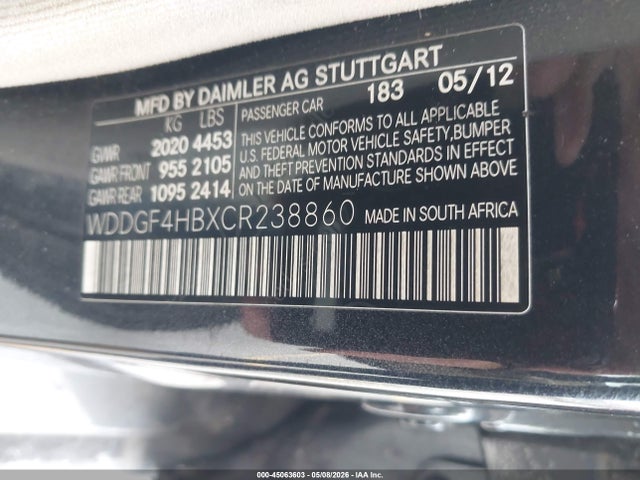 2012 Mercedes-benz C 250 Sport მანქანა იყიდება აუქციონზე, vin: WDDGF4HBXCR238860, აუქციონის ნომერი: 45063603