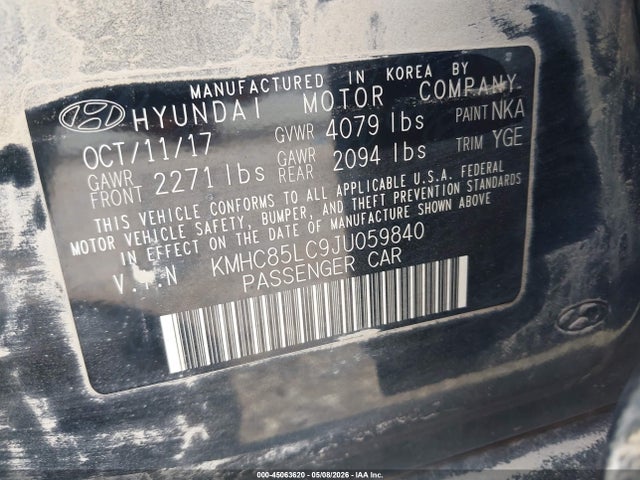 2018 Hyundai Ioniq Hybrid Limited მანქანა იყიდება აუქციონზე, vin: KMHC85LC9JU059840, აუქციონის ნომერი: 45063620