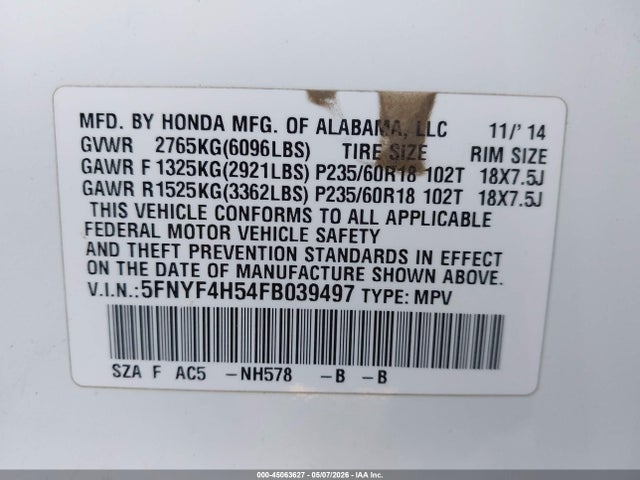 5FNYF4H54FB039497 Honda Pilot Ex-l