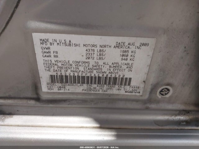 45063631 :رقم المزاد ، 4A32B2FF3AE004300 vin ، 2010 Mitsubishi Galant Fe مزاد بيع