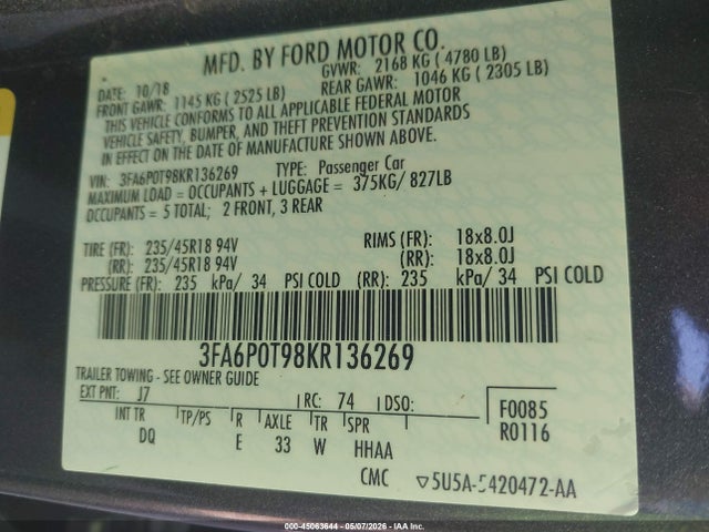 45063644 :رقم المزاد ، 3FA6P0T98KR136269 vin ، 2019 Ford Fusion Se مزاد بيع
