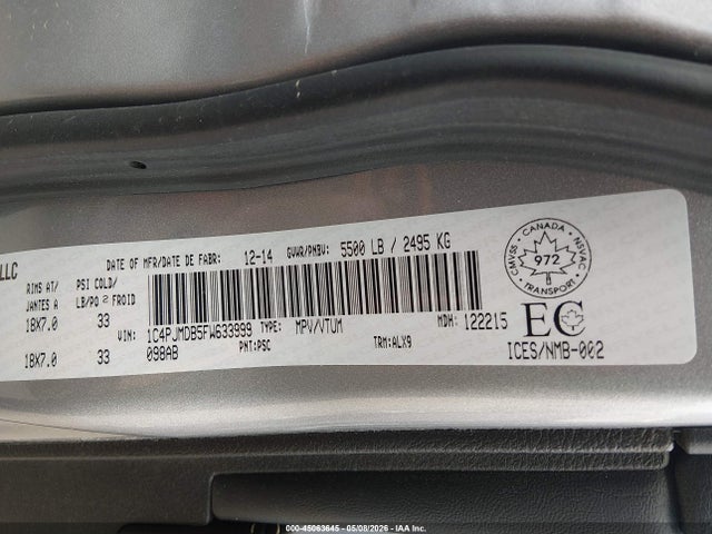 2015 Jeep Cherokee Limited მანქანა იყიდება აუქციონზე, vin: 1C4PJMDB5FW633999, აუქციონის ნომერი: 45063645