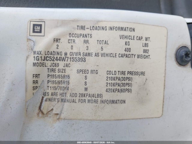 45063649 :رقم المزاد ، 1G1JC5244W7155393 vin ، 1998 Chevrolet Cavalier مزاد بيع