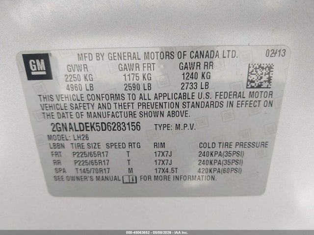 45063652 :رقم المزاد ، 2GNALDEK5D6283156 vin ، 2013 Chevrolet Equinox 1lt مزاد بيع