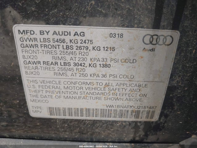 Aukcja sprzedaży 2018 Audi Q5 2.0t Premium/2.0t Tech Premium, vin: WA1BNAFYXJ2151487, numer aukcji: 45063662