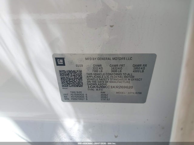 45063664 :رقم المزاد ، 1GKS2BKC1KR269620 vin ، 2019 Gmc Yukon Slt مزاد بيع