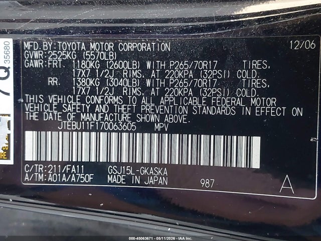 Продажа на аукционе авто 2007 Toyota Fj Cruiser, vin: JTEBU11F170063605, номер лота: 45063671