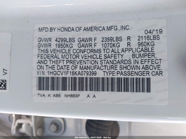 Aukcja sprzedaży 2019 Honda Accord Lx, vin: 1HGCV1F16KA079399, numer aukcji: 45063673