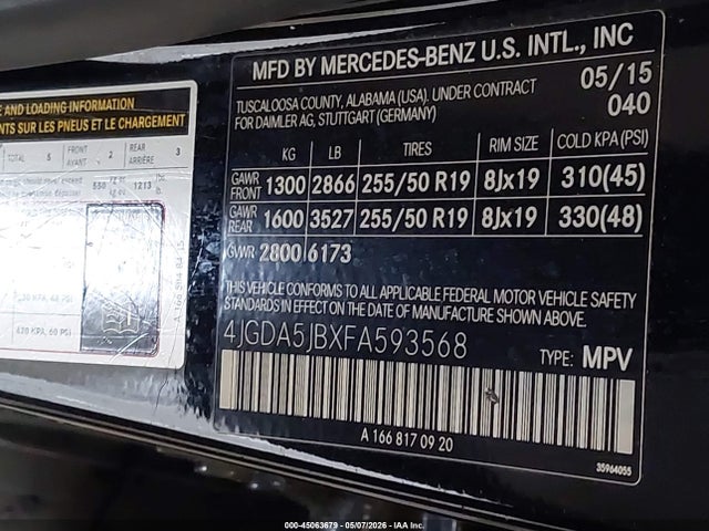 Продажа на аукционе авто 2015 Mercedes-benz Ml 350, vin: 4JGDA5JBXFA593568, номер лота: 45063679