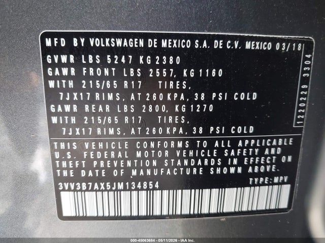 2018 Volkswagen Tiguan 2.0t Se/2.0t Sel მანქანა იყიდება აუქციონზე, vin: 3VV3B7AX5JM134854, აუქციონის ნომერი: 45063684