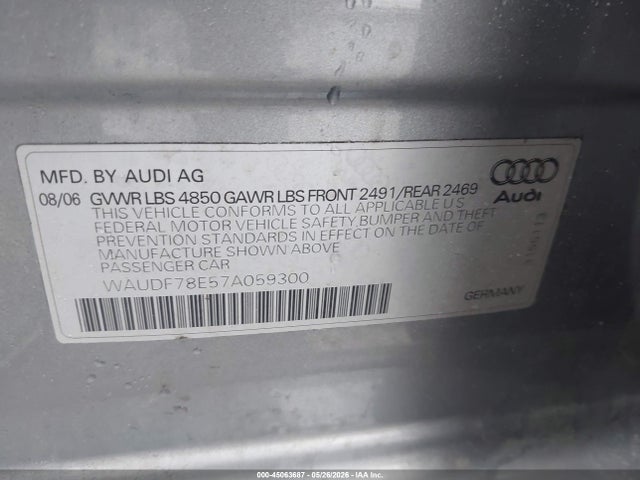 Aukcja sprzedaży 2007 Audi A4 2.0t, vin: WAUDF78E57AO59300, numer aukcji: 45063687