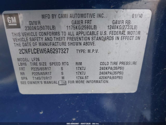 2010 Chevrolet Equinox Ls მანქანა იყიდება აუქციონზე, vin: 2CNFLCEW6A6297327, აუქციონის ნომერი: 45063697