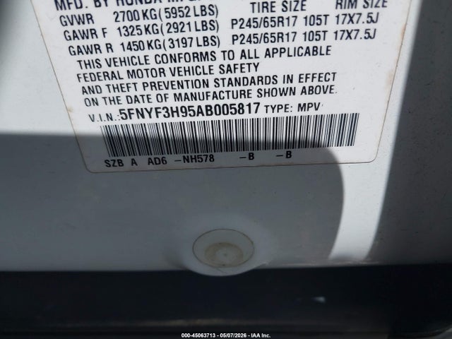 45063713 :رقم المزاد ، 5FNYF3H95AB005817 vin ، 2010 Honda Pilot Touring مزاد بيع