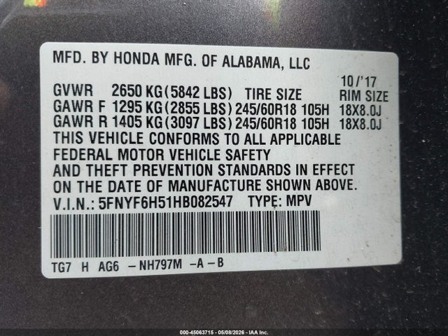 Продаж на аукціоні авто 2017 Honda Pilot Ex-l, vin: 5FNYF6H51HB082547, номер лоту: 45063715