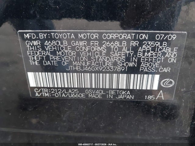 Продаж на аукціоні авто 2009 Lexus Es 350, vin: JTHBJ46GX92337891, номер лоту: 45063717