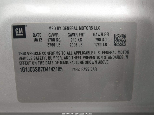 Aukcja sprzedaży 2013 Chevrolet Sonic Lt Auto, vin: 1G1JC5SB7D4143185, numer aukcji: 45063719