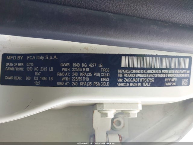 Aukcja sprzedaży 2015 Jeep Renegade Latitude, vin: ZACCJABT1FPC17552, numer aukcji: 45063726