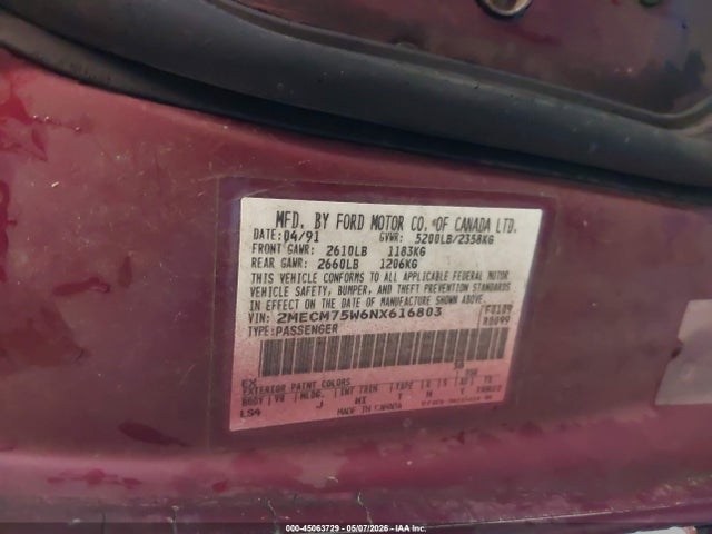 Продажа на аукционе авто 1992 Mercury Grand Marquis Ls, vin: 2MECM75W6NX616803, номер лота: 45063729