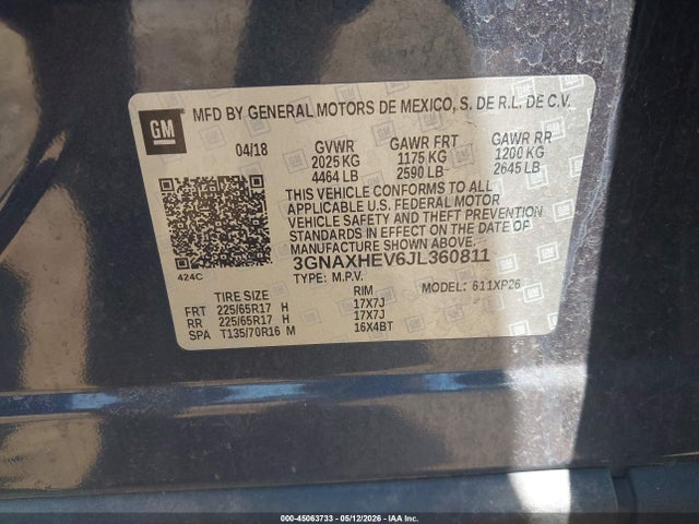 Aukcja sprzedaży 2018 Chevrolet Equinox Ls, vin: 3GNAXHEV6JL360811, numer aukcji: 45063733