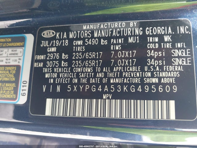 2019 Kia Sorento 3.3l Lx მანქანა იყიდება აუქციონზე, vin: 5XYPG4A53KG495609, აუქციონის ნომერი: 45063757