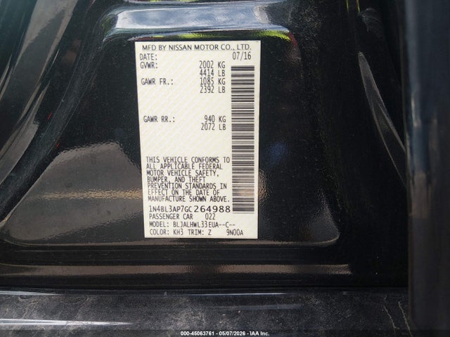 Aukcja sprzedaży 2016 Nissan Altima 3.5 Sr, vin: 1N4BL3AP7GC264988, numer aukcji: 45063761