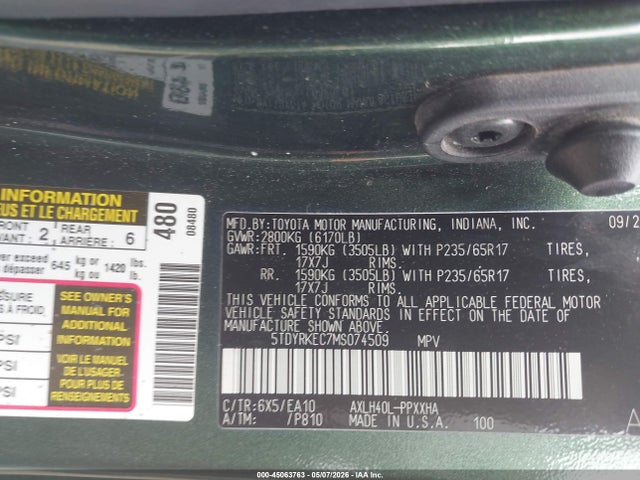 2021 Toyota Sienna Xle მანქანა იყიდება აუქციონზე, vin: 5TDYRKEC7MS074509, აუქციონის ნომერი: 45063763