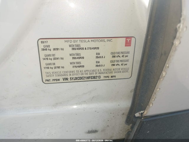 Aukcja sprzedaży 2017 Tesla Model X 100d/75d/90d, vin: 5YJXCDE21HF038213, numer aukcji: 45063772