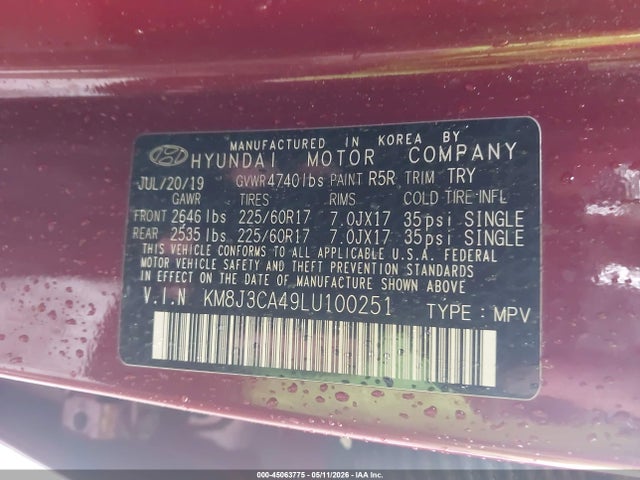 Aukcja sprzedaży 2020 Hyundai Tucson Value, vin: KM8J3CA49LU100251, numer aukcji: 45063775