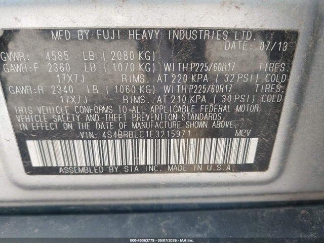 Продаж на аукціоні авто 2014 Subaru Outback 2.5i Limited, vin: 4S4BRBLC1E3215971, номер лоту: 45063779