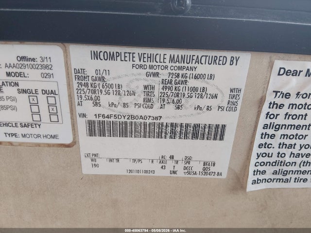 45063794 :رقم المزاد ، 1F64F5DY2B0A07387 vin ، 2011 Ford F53 مزاد بيع